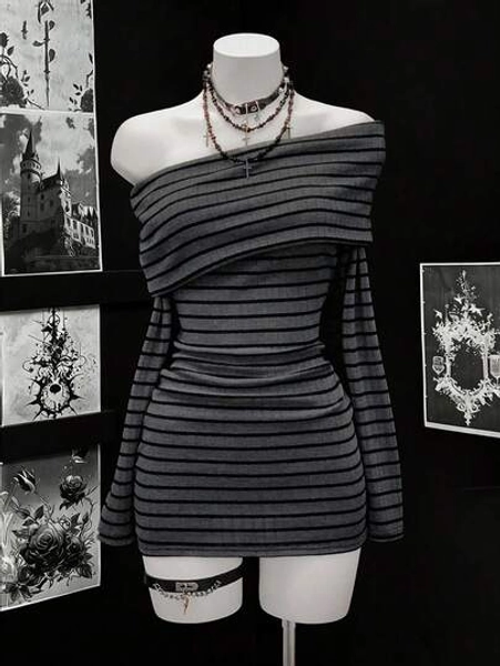 EgrlEra Women's Fashionable Black And Gray Striped Long Sleeve Dress