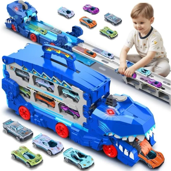 Toddler Monster Car Truck Toys for 3 4 5 6 7 8 Years Old Boys, Dinosaur Transporter Truck Track Set with Die-Cast Cars Toys Playset, Transforms into