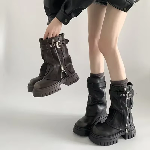 2025 Winter Women Biker Boots Fashion Belt Buckle Ladies Elegant Platform Long Pipe Booties Casual Women's Knee High Booties - AliExpress 