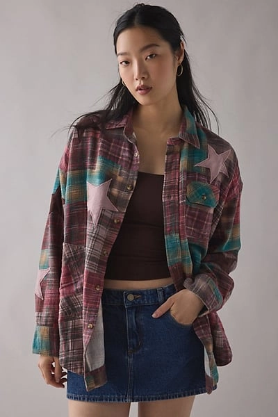 BDG Dani Cowboy Patchwork Oversized Flannel Shirt in Purple, Women's at Urban Outfitters