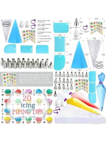 Piping Bags And Tips Set, 100PCS 12 Inch Disposable Pastry Bags With Tips Cupcake Frosting Piping Kit Cookie Decorating Supplies, Royal Icing Bags And Tips Set For Cake Decorating Baking Tools