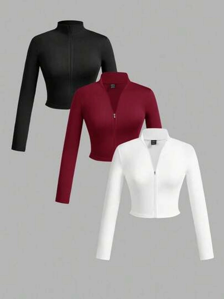 Slaydiva 3pcs/Set Women's Simple Casual Autumn/Winter V-Neck Stretchy T-Shirt With Half-Zip, Tight Long Sleeves, White+Black+Grey,Red Top