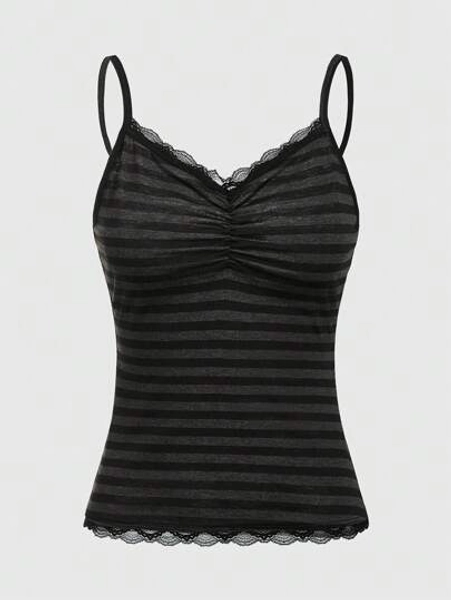 ROMWE Summer Casual Versatile Black & Gray Striped Lace Trim Camisole - Size L