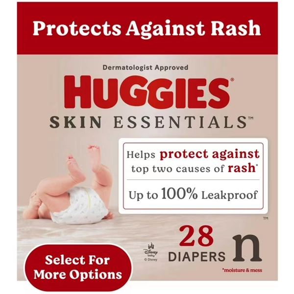 Huggies Skin Essentials Baby Diapers, Size Newborn (6-9 lbs), 28 Count (Select for More Options)