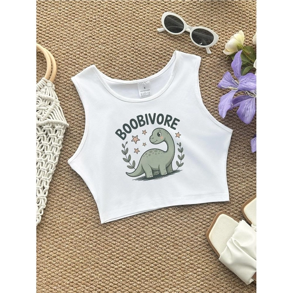 Cute Dino Print Crop Tank Top, Sleeveless Casual Top for Summer & Spring, Women's Clothing