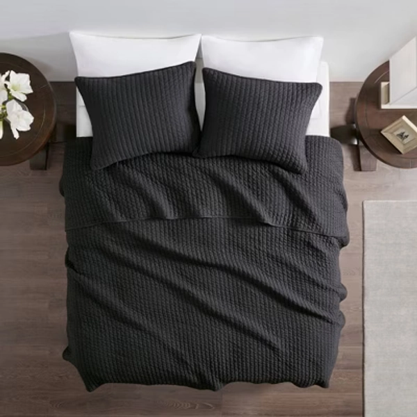 Madison Park 3pc King/California King Mitchell Reversible Coverlet Set Black: Microfiber, Farmhouse Style, Lightweight