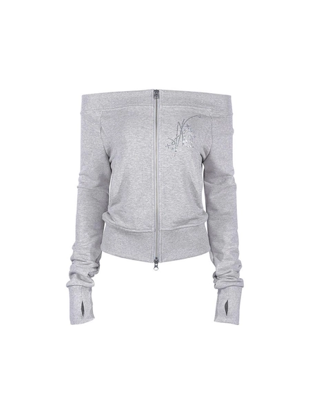 OFF-SHOULDER SLIM ZIP-UP SWEATSHIRTS [Melange Gray]