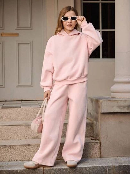 SHEIN Tween Girl Pink Hoodie Set, Long Sleeve Hoodie And Loose Casual Sweatpants Set, Autumn/Winter