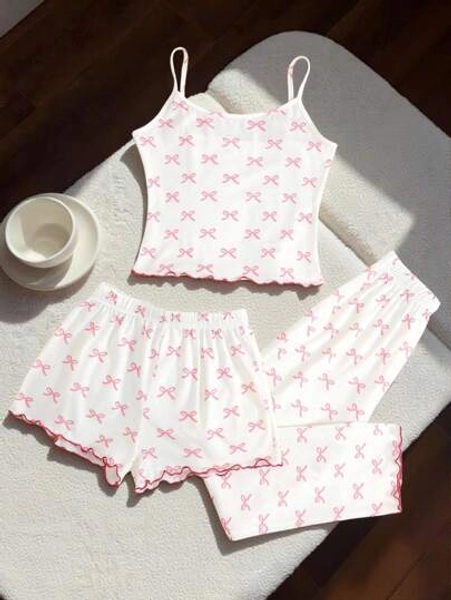 SHEIN 3pcs Tween Girls Casual Knit Pajama Set, Pink Cute Bow Print Camisole, Long Pants & Shorts