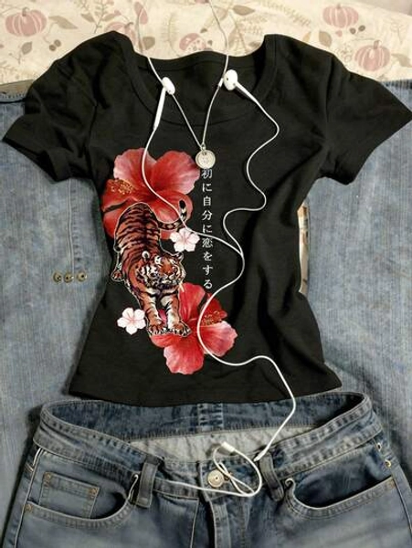 Glimmora Y2K Retro Japanese Floral & Tiger Print T-Shirt, Women's Casual Round Neck Comfortable Top, Suitable For Daily Wear