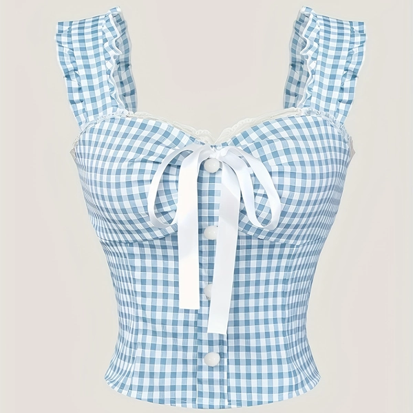 Women'S Elegant Plaid Spring Summer Button-Up Bow Small Fresh Top