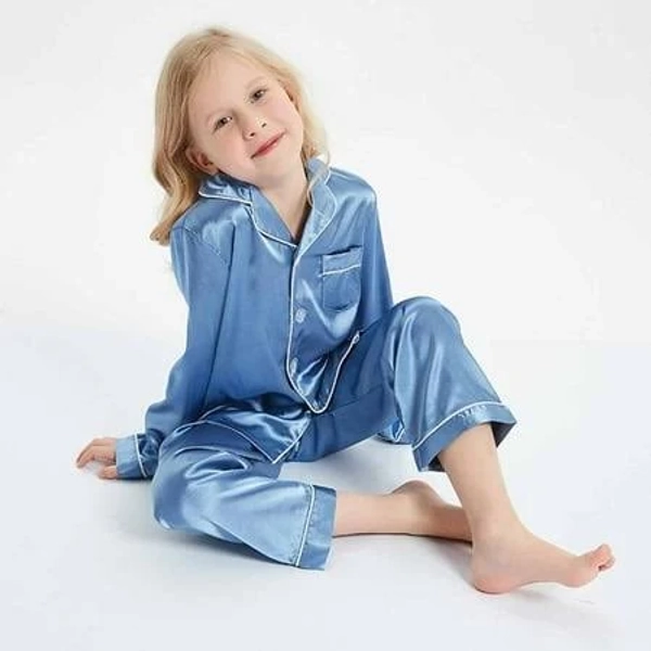 Girls Pajamas Set Glitter Satin Sleepwear Solid Color Top and Pants 2 Piece Button Down Cute Jammies Light Blue 7-8 Years, Kids Unisex