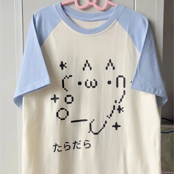 [Cute Graphic Tee] Lightweight Breathable Women's Y2K Kawaii Graphic Tee | Cute Cartoon Print Short Sleeve Shirt with Blue Collar, Casual Top for Casual Attire, Machine Washable Clothing, Playful Design
