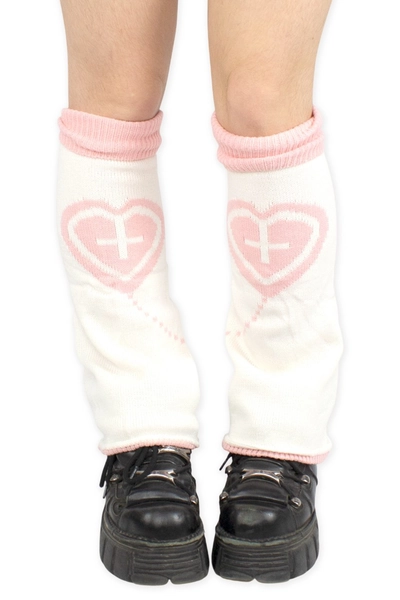 Yami Kawaii Heart Knit Leg Warmers in White x Pink