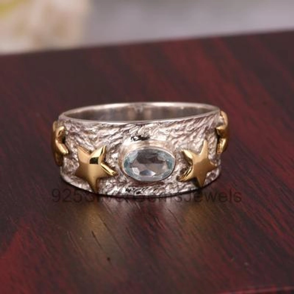 Blue Topaz Gemstone Ring, 925 Silver Two Tone Ring, Blue Stone Women's Ring, Star Textured Ring, Star Jewelry, Gift For Her, Handmade Ring.