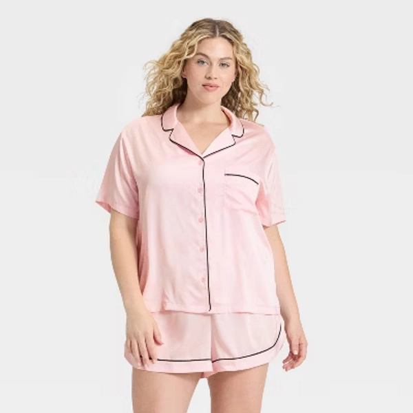 Women's Satin Short Sleeve Notch Collar Shirt and Shorts Pajama Set - Wild Fable™ Pink 2X