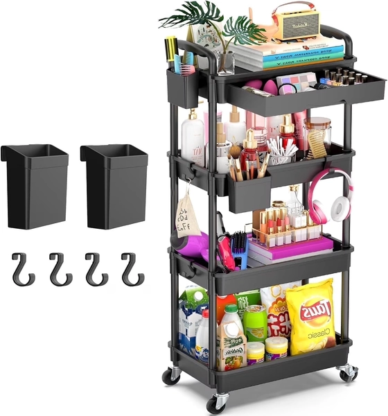 Yeabett 4 Tier Rolling Utility Cart Organizer with Removable Drawer, Mobile Storage Carts with 2 Lockable Wheels for Bathroom, Kitchen, Snack, Craft, Makeup, Baby Essentials, Black - Walmart.com