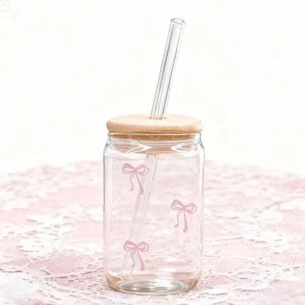 Cute Pink Bow Glass Cups with Lids & Straws Aesthetic Iced Coffee Cup Girly Preppy Design Tumbler Mug Birthday Valentines Christmas Gifts Trendy Stuff