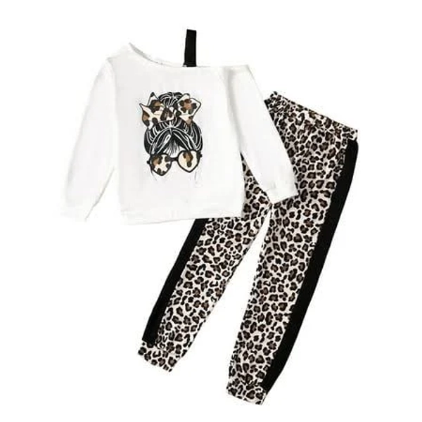Girls' One-Shoulder Long Sleeve Leopard Pants