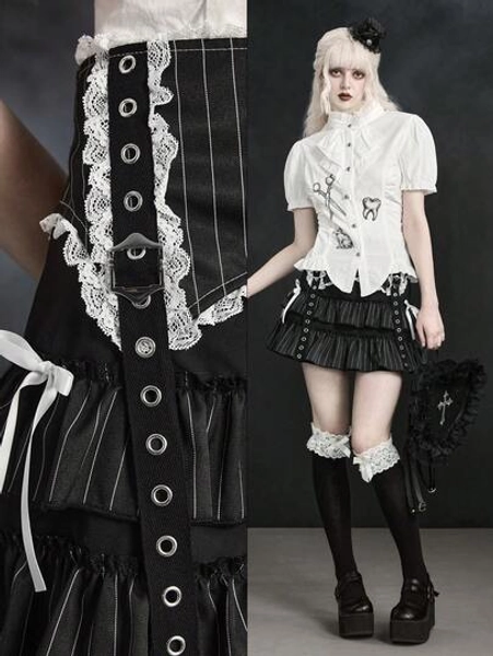 ROMWE Women's Striped Lace Black & White Contrast Color Tiered Skirt With Bow, Goth Fairy Tale Quirky Girl Style - Size M
