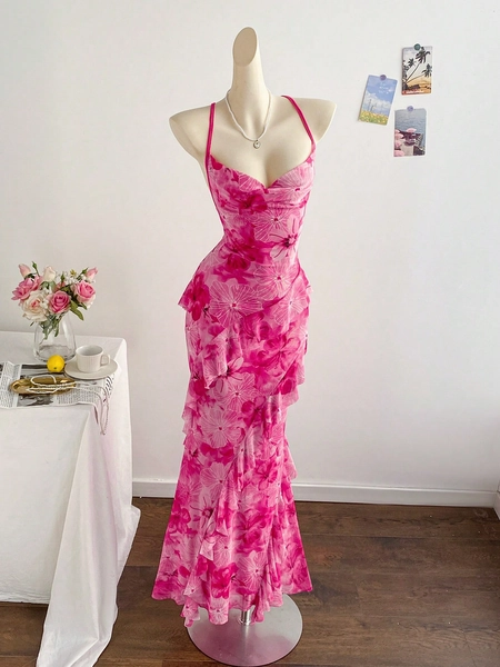 Soleia Women's Colorful Vintage Floral Print Draped Neck Layered Ruffle Hem Dress, Vacation Style Summer Spring Valentine's Day Casual Vacation  Beach Wedding Birthday Going Out Elegant Casual Vacation