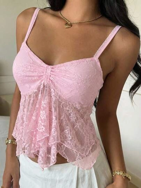 CovetEZ Women's Elegant Light Pink Lace Asymmetric Hem Camisole, Spring/Summer