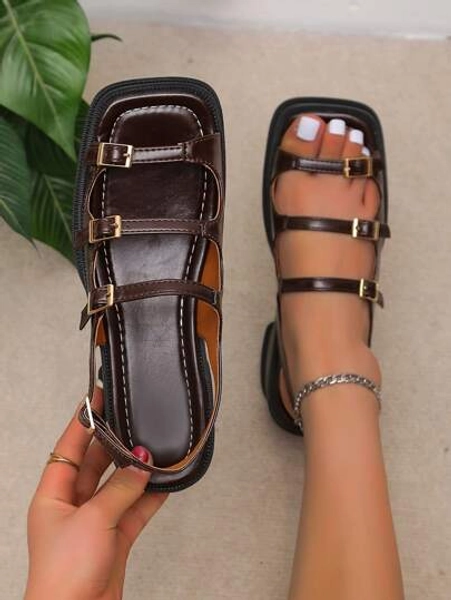 Women Buckle Decor Brown Solid Wedge Sandals, Fashion Artificial Leather Slingback Sandals Brown