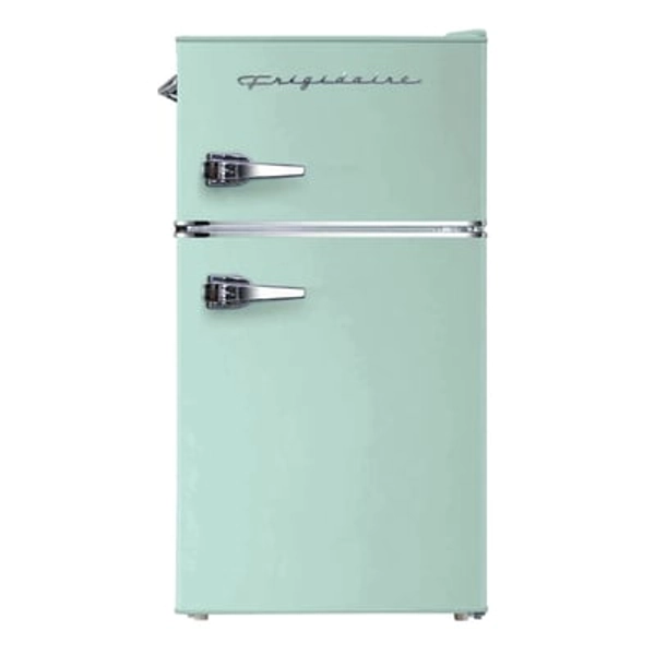 Frigidaire 3.2 cu ft 2 Door Retro Fridge with Side Bottle Opener Mint: Small Refrigerator, Manual Defrost, Top Door Freezer