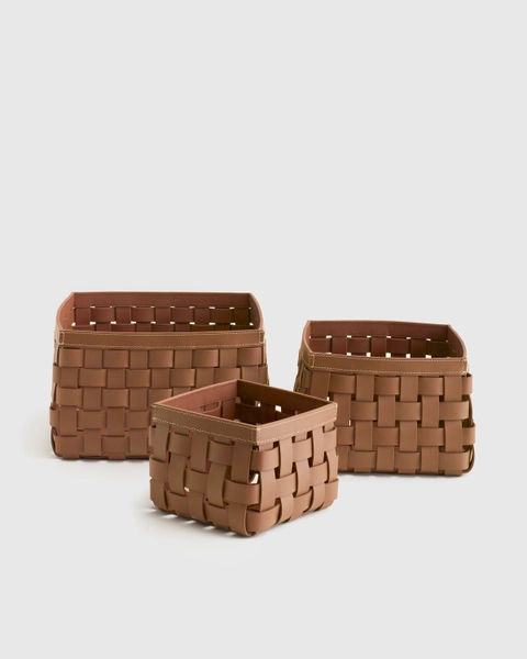 Woven Leather Baskets (Set of 3) in Cognac