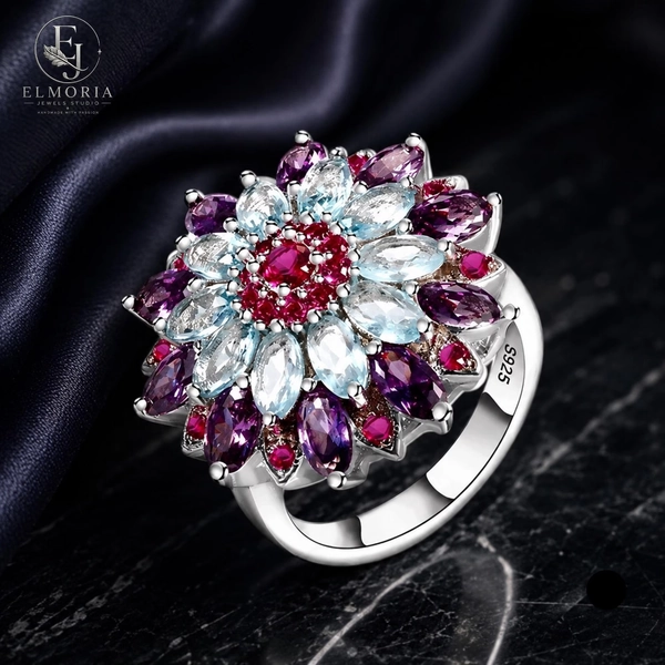 925 Sterling Silver Flower Ring, Floral Statement Cocktail Ring, Amethyst Aquamarine Ruby Gemstone Jewelry, Sizes 6–12, Gift for Her High Q.