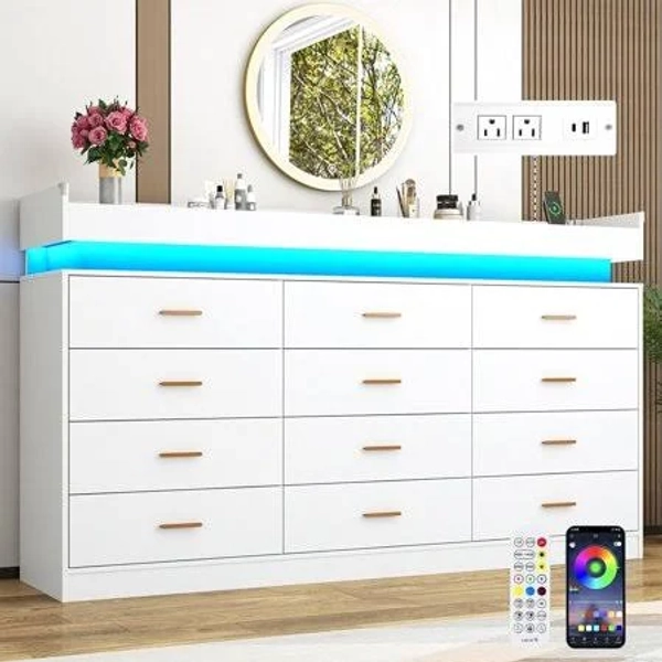 Chvans 12 Drawer Dresser with LED Lights and Charging Station