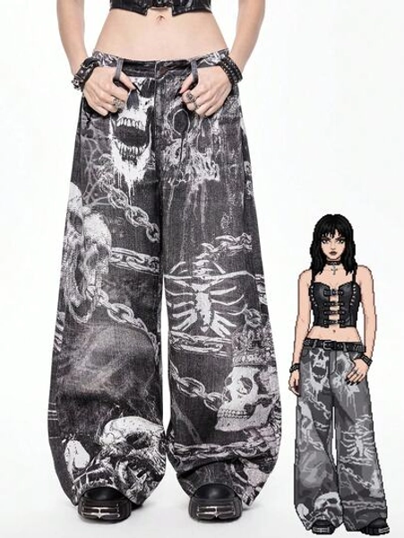 ROMWE Grunge Punk Spring Casual Graphic Dark Gothic Skull Skeleton Chain Print Loose Wide-Leg Jeans - Size S
