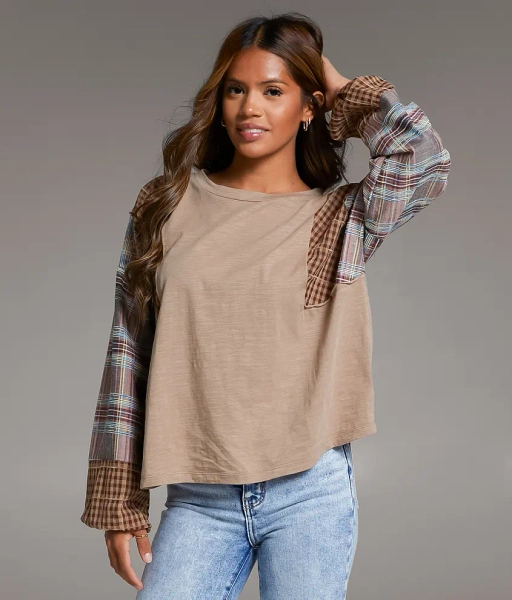 X-Large Beige Pieced Plaid Top