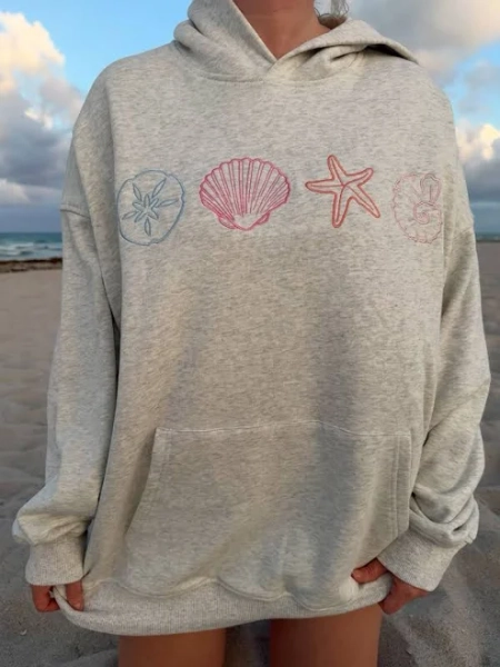 Seashell Embroidered Cotton Hoodie