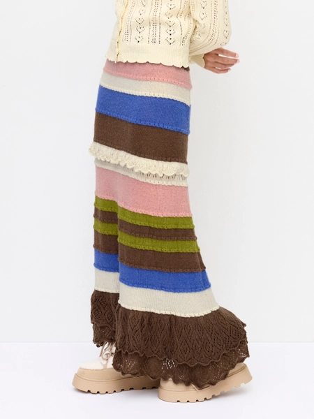 Knit Wool-blend Mid Rise Colorblock Ruffle Layered Mermaid Maxi Skirt
