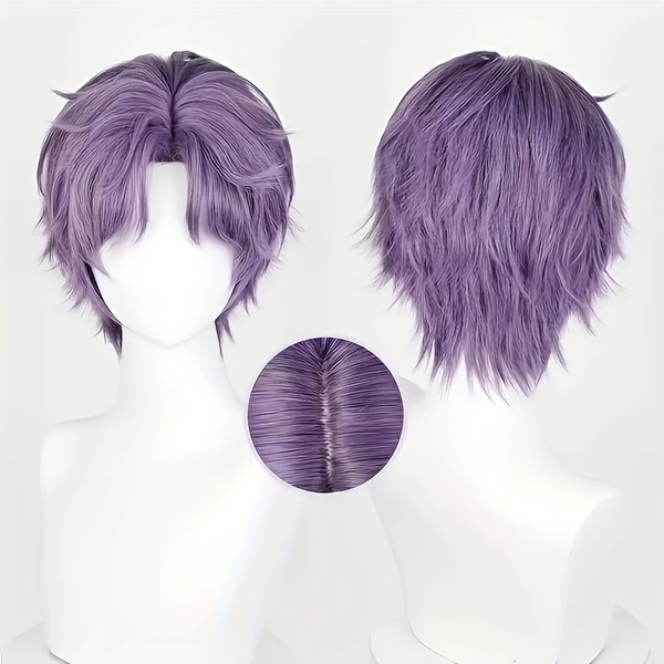 Purple Men's Dress Wig/Center Part Layered Short Hair Style/Suitable for Daily Gatherings, Halloween, Christmas, Festive Dress-Up, Full Head Wig for Parties