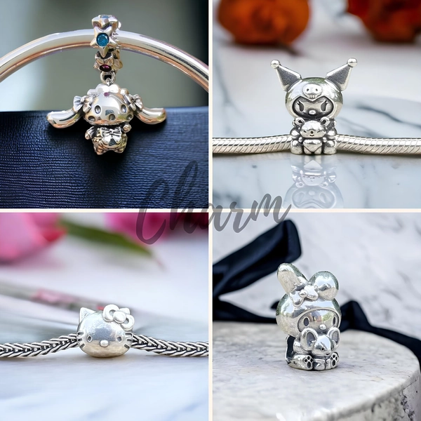 Silver Charms, Hello Kitty, Kuromi, Sanrio, 925 Hallmarked Sterling Silver Charms for Pandora Charm Bracelets or Necklace Pendants