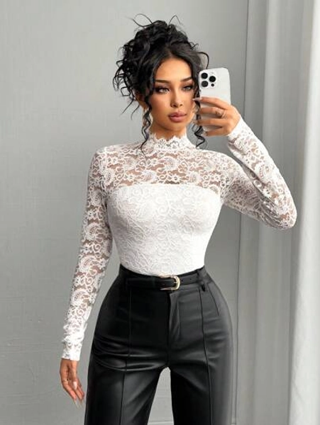 Chiquease Women French Elegant Lace Long Sleeve T-Shirt, Minimalist Fashion Casual Everyday Wear Fall Cloth For Women