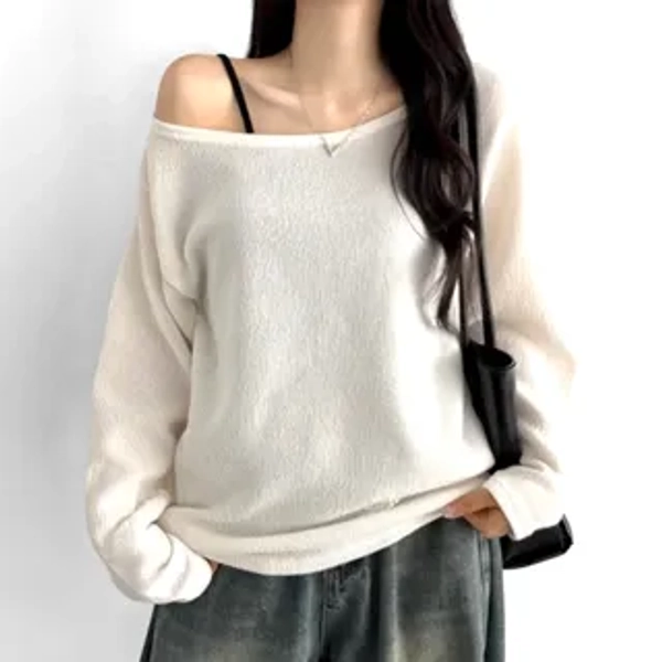 Long-Sleeve Boat Neck Plain Knit Top