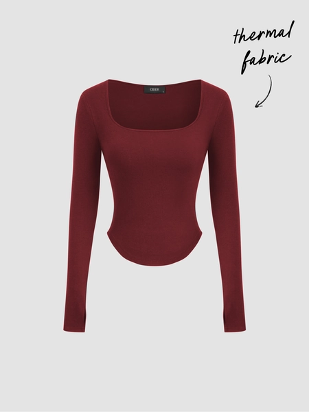 Base e termico Tessuto in maglia Maglietta termica in misto cotone con scollo quadrato e foro per il pollice a tinta unita a manica lunga For Casual per tutti i giorni