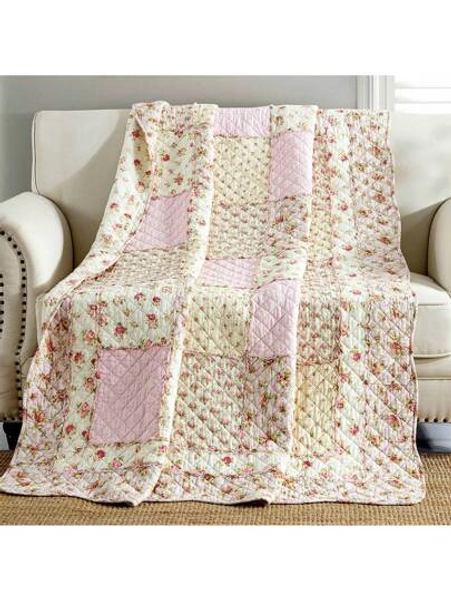 Qucover Pink Floral Quilted Blanket 100% Cotton Floral Patchwork Quilts Single Bedspread Throw for Couch Beds 59x79 Inch