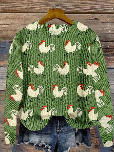 Autumn And Winter Fashionable Casual Comfortable Random Rooster Print Crew Neck Sweater Long Sleeve Pullover
