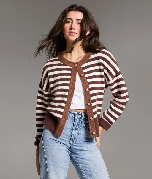 X-Small Brown Cream Striped Cardigan Sweater