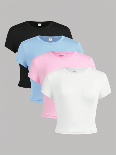 SHEIN Girlism 4pcs Teen Girl Knitted Solid Color  Casual Short Sleeve T-Shirt Set