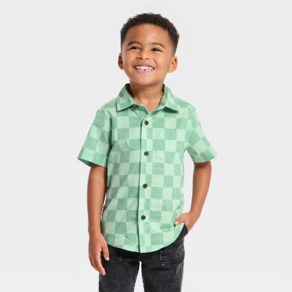Toddler Boys' Checkered Short Sleeve Button-Down Shirt - Cat & Jack™ Green 3T