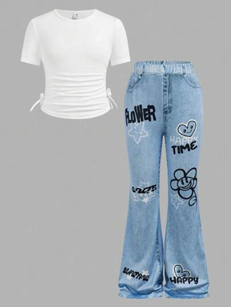2pcs/Set Tween Girls Casual Crewneck Pullover Top With Waist Ruffle And Pants Set