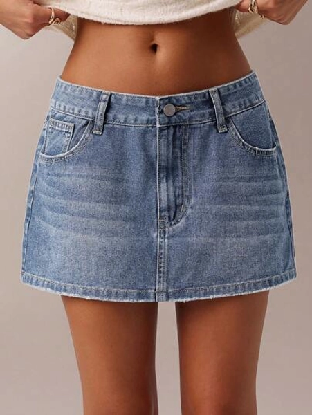 SHEIN Forever 21 New Arrival Spring Women's Denim A-Line Skirt With Heart Collar, Reversible Sweetheart Neck, Contrast Color Embroidery Decoration