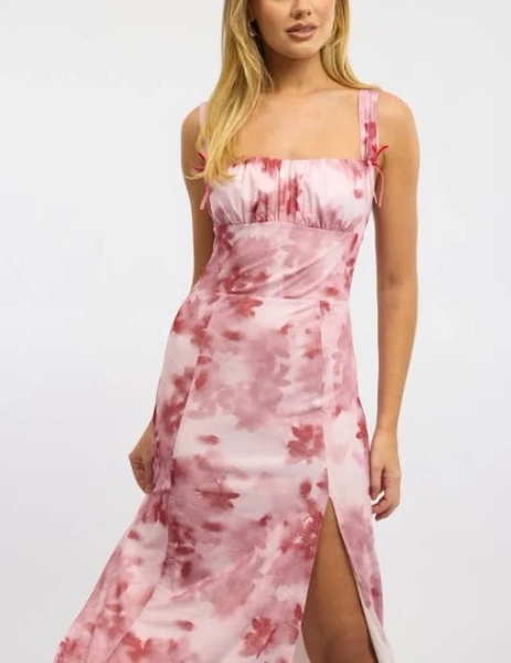 Women's Floral Gathered Bust Mesh Midi Dress