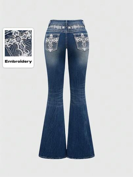 ROMWE Grunge Punk Y2K Vintage Millennium Sexy Pocket Cross Wings Embroidery Women's Slim Flared Low Waist Jeans, Ladies Button Pocket Zipper Drop Waist Flare Leg Long Navy Blue Curvy Skinny Women Low Waist Jeans, Spring/Fall, Casual Daily Wear