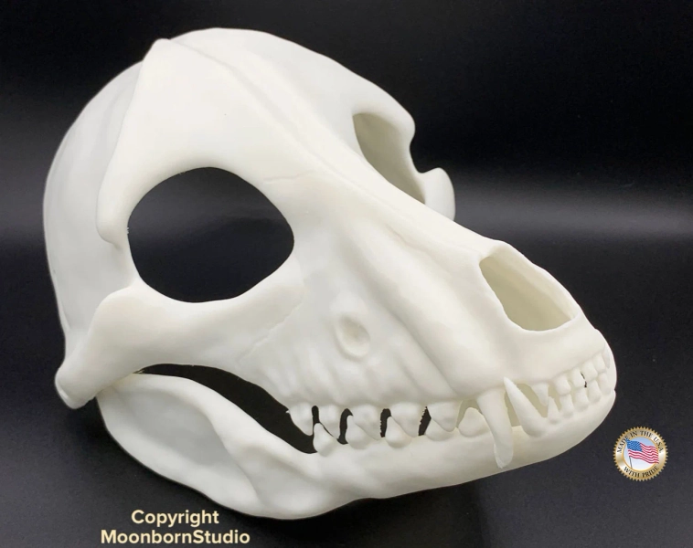 Canine Skull Realistic Skulldog Bone Mask - Movable Moving Hinge Jaw- 3D Printed Wolf Dog Fursuit Base Costume Cosplay Tribal Shaman